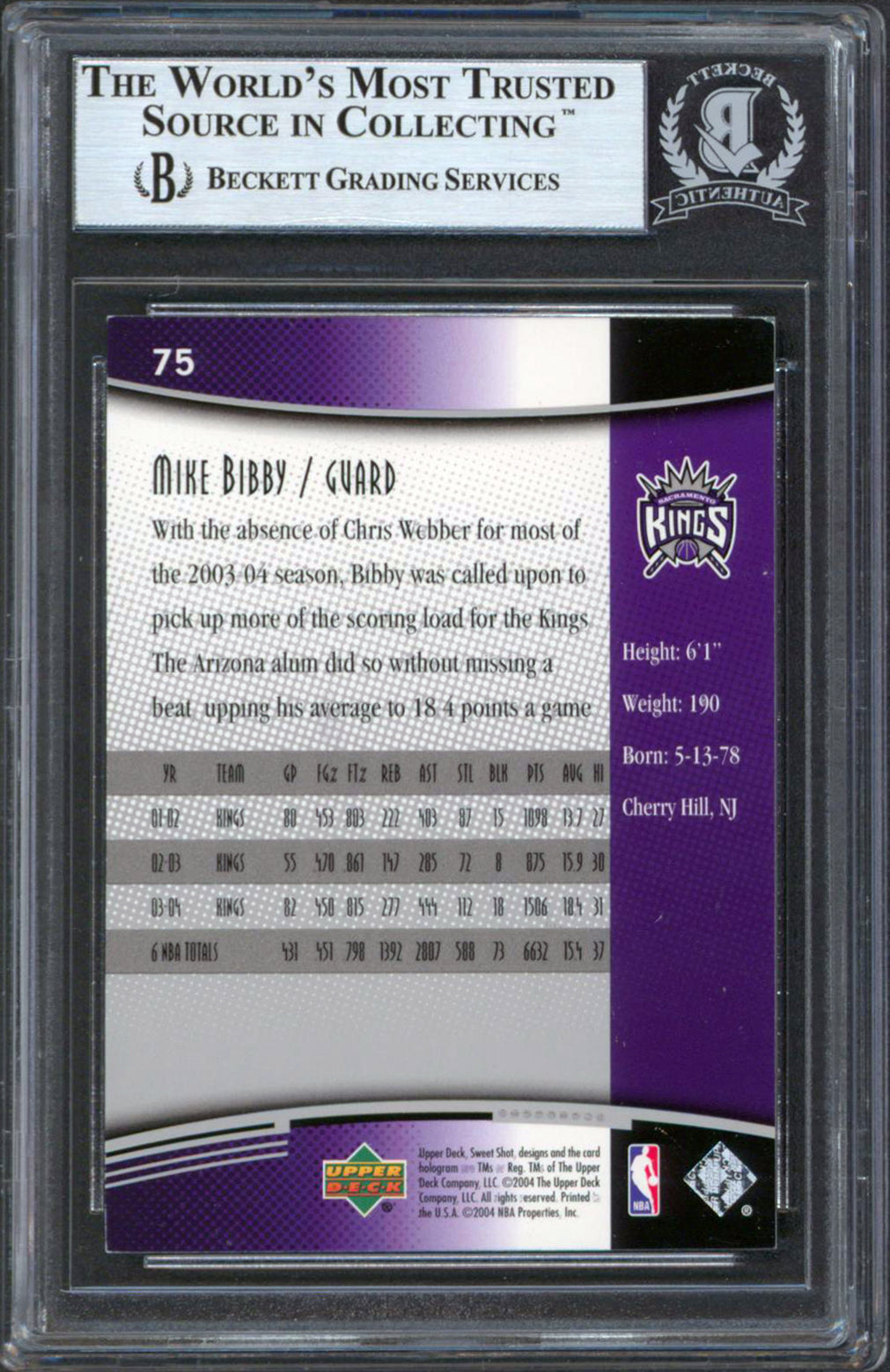 Kings Mike Bibby Authentic Signed 2004 Sweet Shot #75 Card Autographed BAS Slab