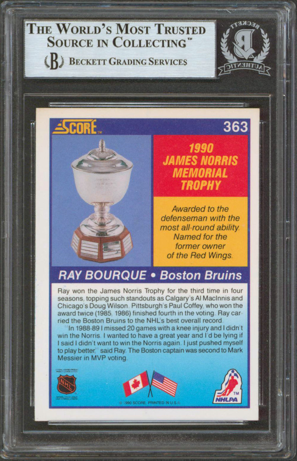 Bruins Ray Bourque Authentic Signed 1990 Score #363 Card Autographed BAS Slabbed