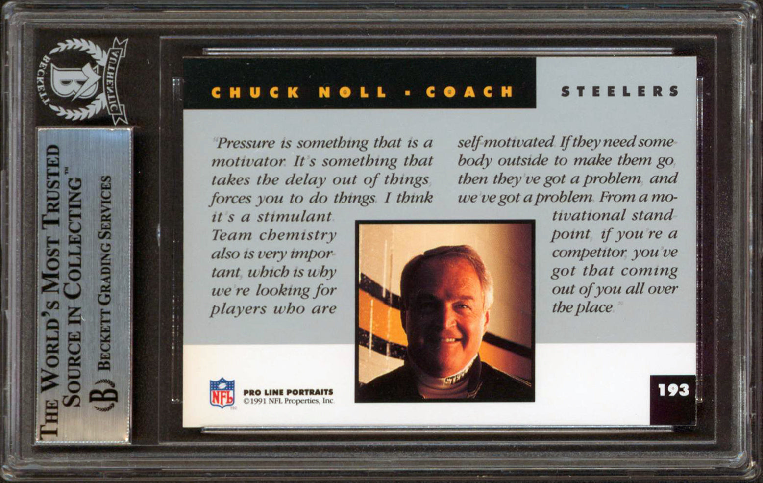 Steelers Chuck Noll Authentic Signed 1991 Pro Line Portraits #193 Card BAS Slab
