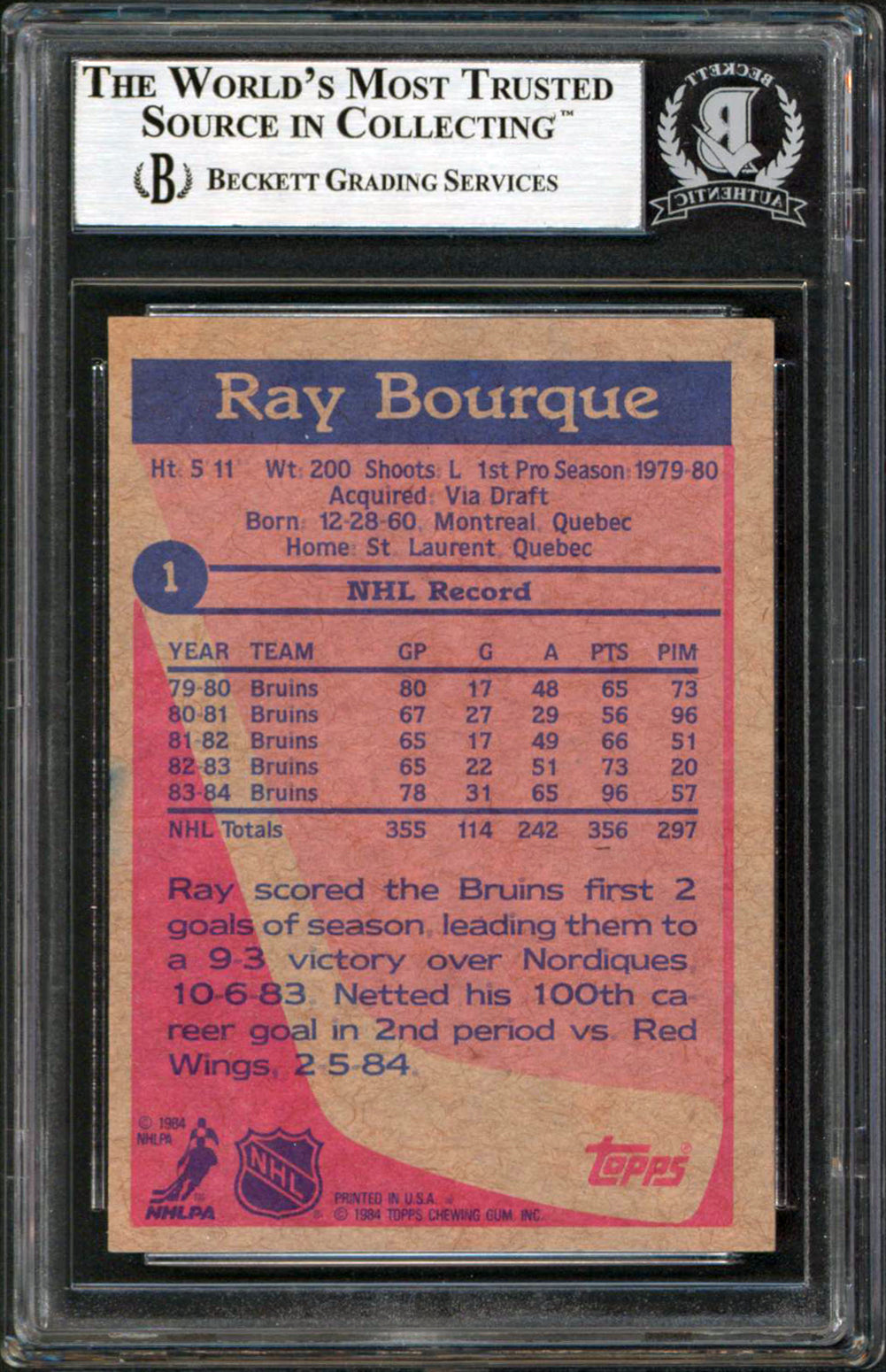 Bruins Ray Bourque Authentic Signed 1984 Topps #1 Card Autographed BAS Slabbed