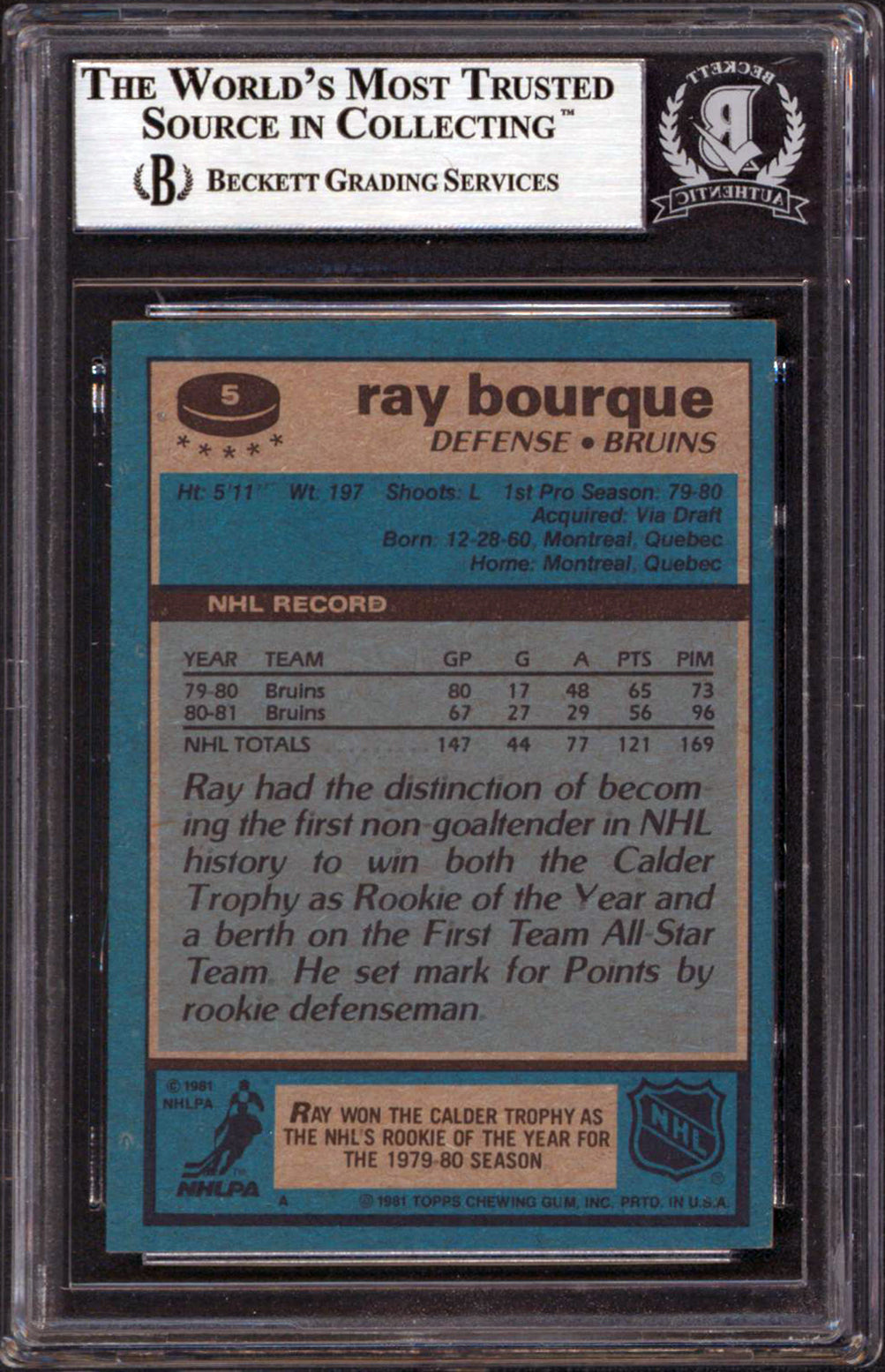Bruins Ray Bourque Authentic Signed 1981 Topps #5 Card Autographed BAS Slabbed