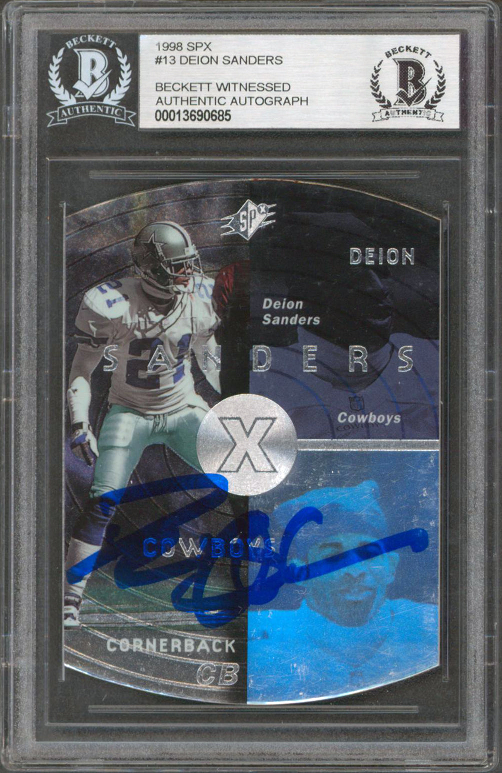 Cowboys Deion Sanders Authentic Signed 1998 SPX #13 Card Autographed BAS Slabbed