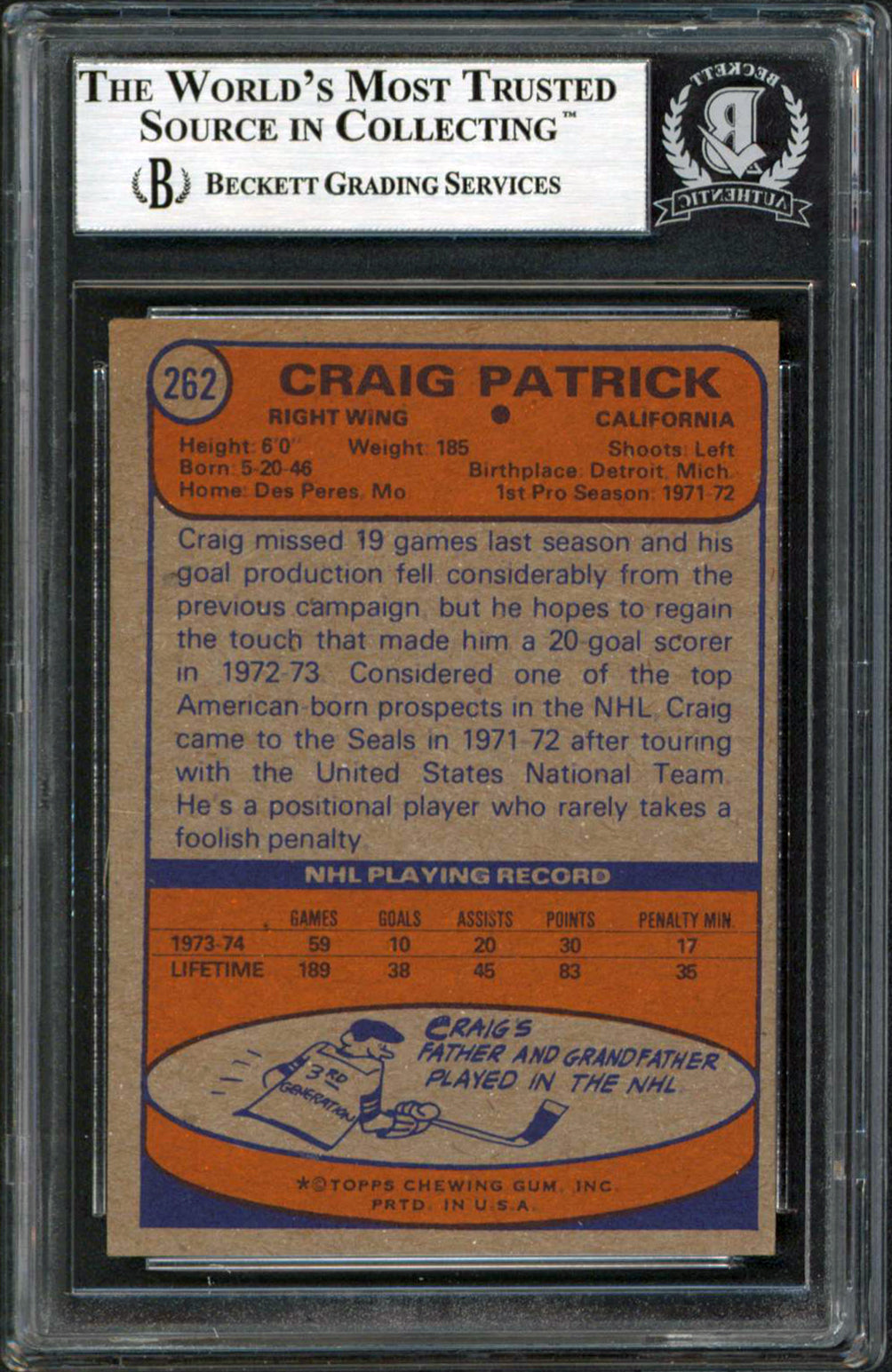 Capitals Craig Patrick Authentic Signed 1974 Topps #262 Card BAS Slabbed