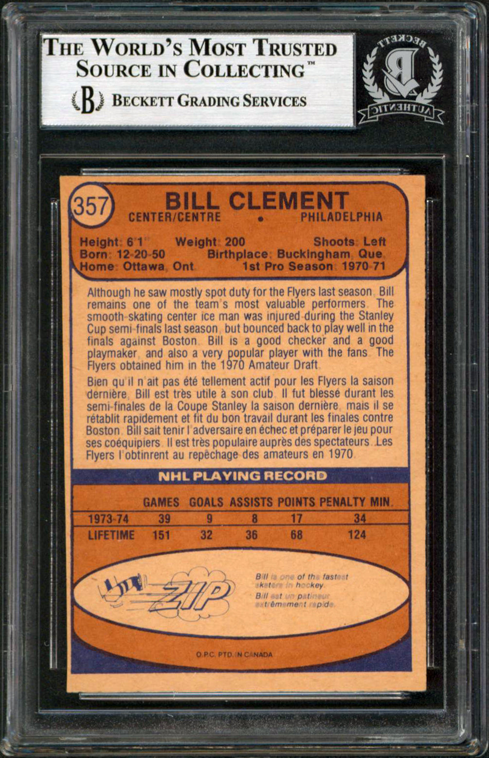 Flyers Bill Clement Authentic Signed 1974 O-Pee-Chee NHL #357 Card BAS Slabbed