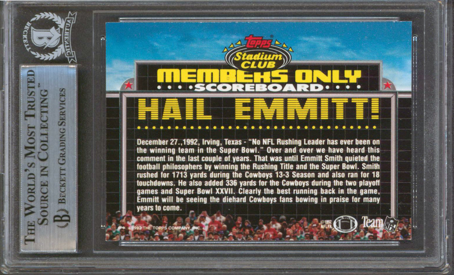 Cowboys Emmitt Smith Signed 1992 Stadium Club Members Only #41 Card BAS Slabbed