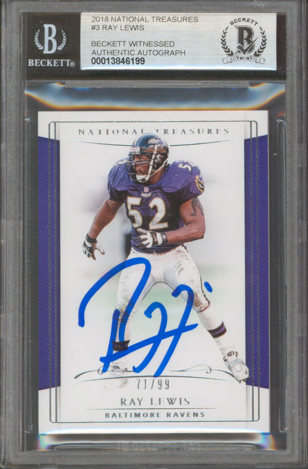 Ravens Ray Lewis Signed 2018 National Treasures #3 71/99 Card Auto 10! BAS Slab