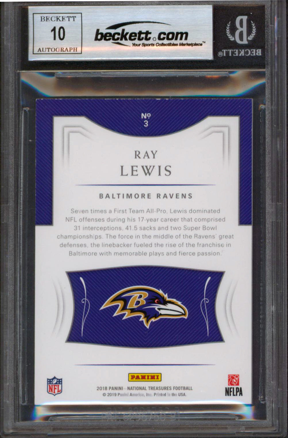 Ravens Ray Lewis Signed 2018 National Treasures #3 71/99 Card Auto 10! BAS Slab