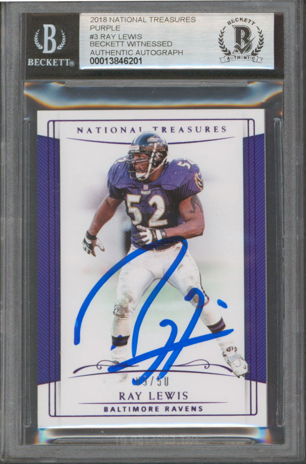 Ravens Ray Lewis Signed 2018 National Treasures PRP #3 Card Auto 10! BAS Slabbed