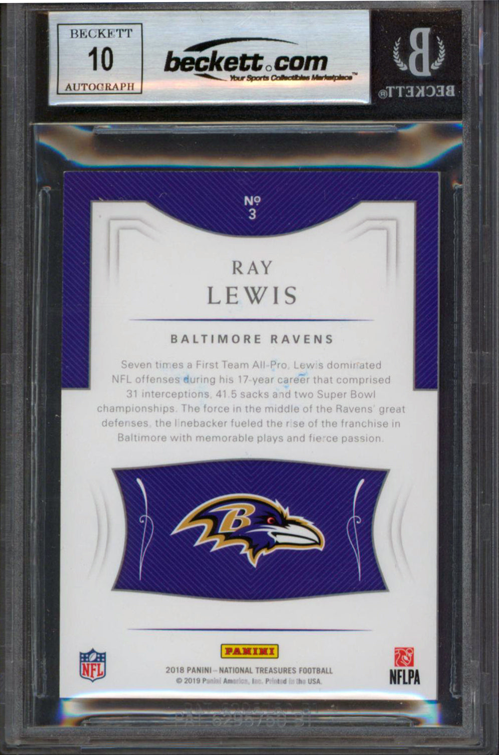 Ravens Ray Lewis Signed 2018 National Treasures PRP #3 Card Auto 10! BAS Slabbed