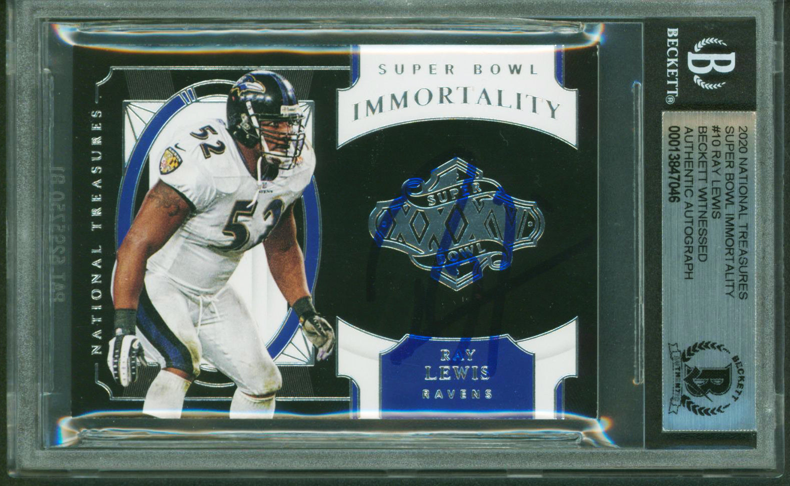 Ravens Ray Lewis Signed 2020 National Treasures SB Immortality #10 Card BAS Slab