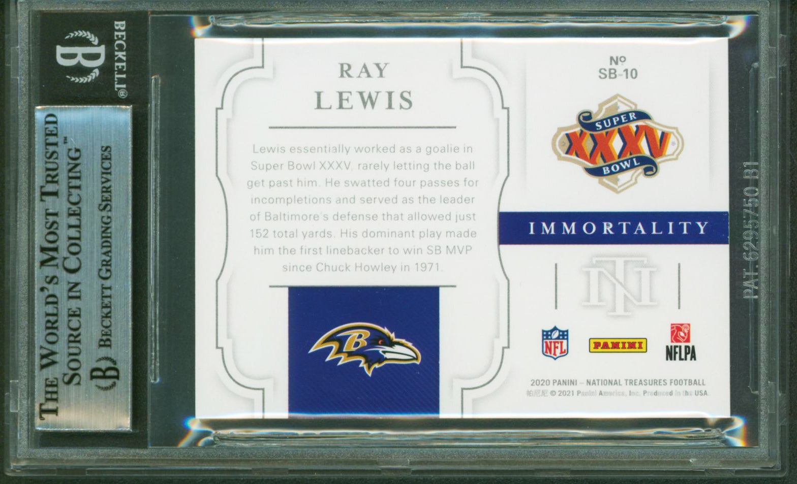 Ravens Ray Lewis Signed 2020 National Treasures SB Immortality #10 Card BAS Slab