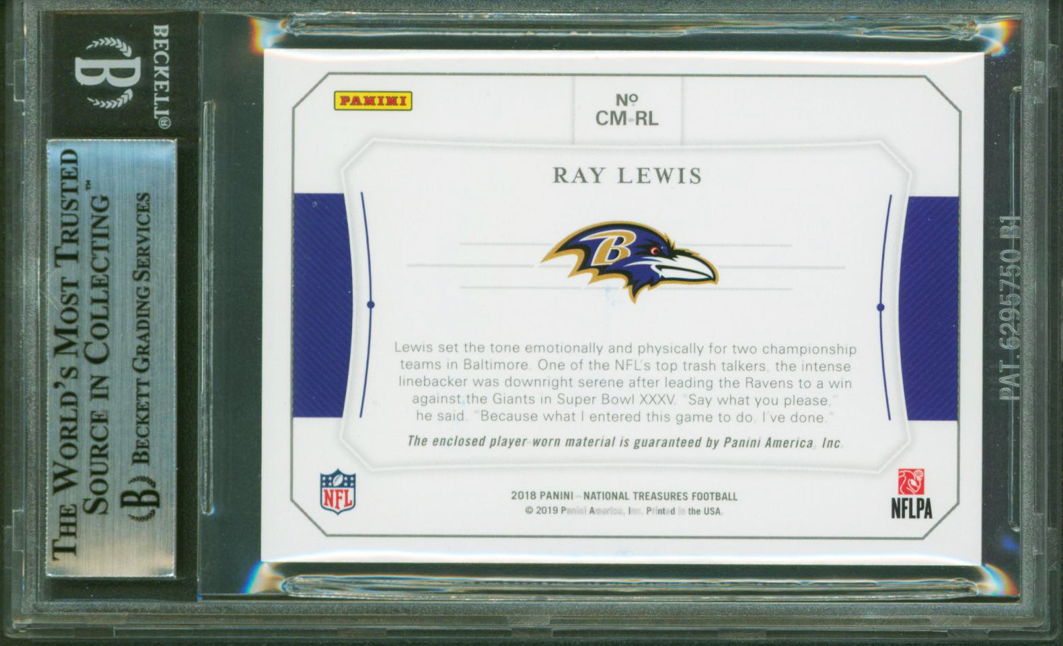 Ray Lewis Signed 2018 National Treasures Colossal Mat #2 #1/99 Card BAS Slabbed