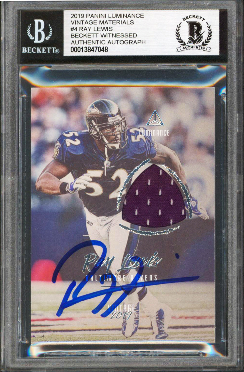 Ravens Ray Lewis Signed 2019 Panini Luminance Vintage Materials #4 Card BAS Slab