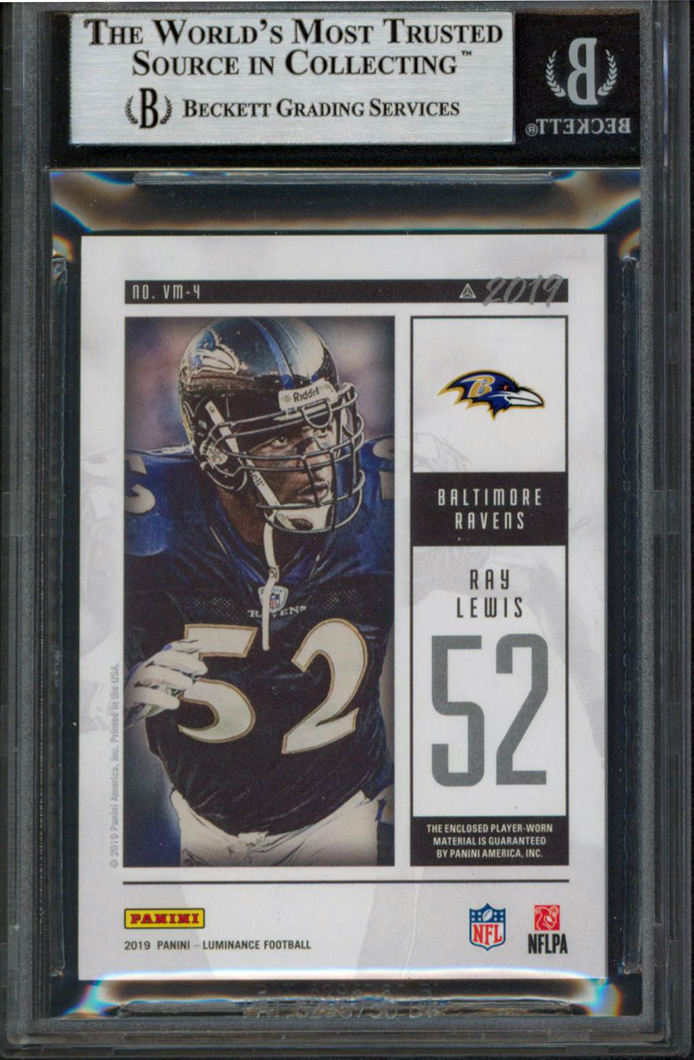 Ravens Ray Lewis Signed 2019 Panini Luminance Vintage Materials #4 Card BAS Slab