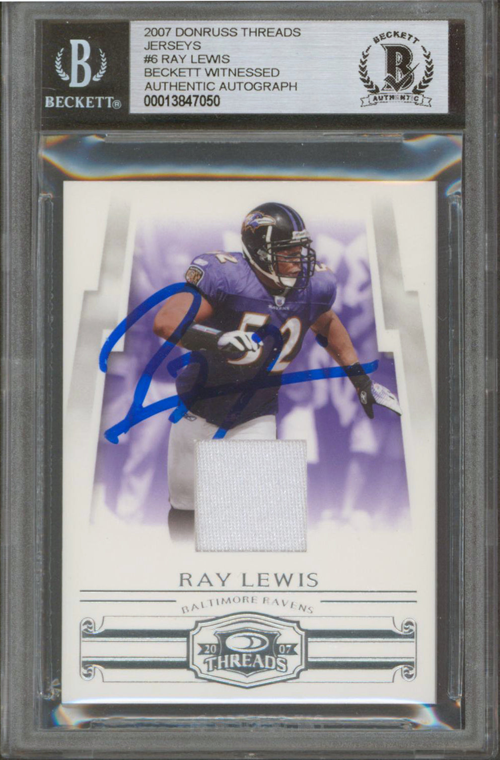 Ravens Ray Lewis Signed 2007 Donruss Threads Jerseys #6 24/250 Card BAS Slabbed