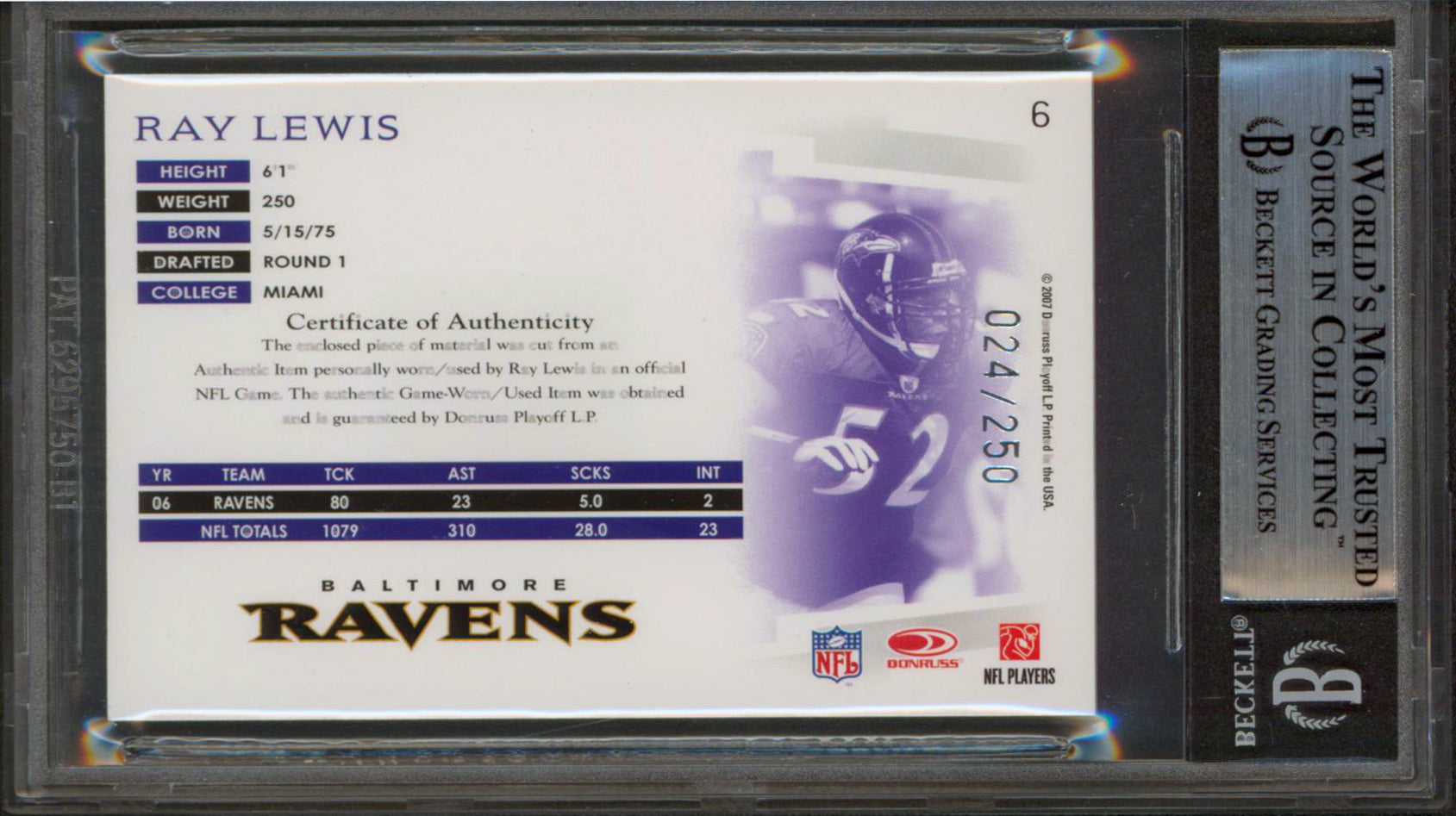 Ravens Ray Lewis Signed 2007 Donruss Threads Jerseys #6 24/250 Card BAS Slabbed