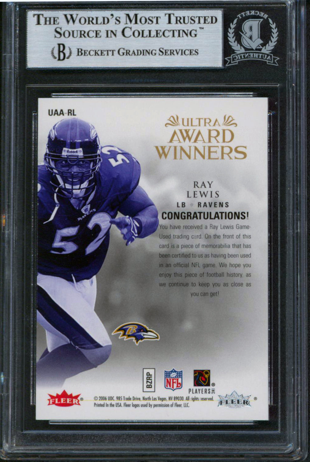 Ravens Ray Lewis Signed 2006 Ultra Award Winners Jerseys #UAARL Card BAS Slabbed