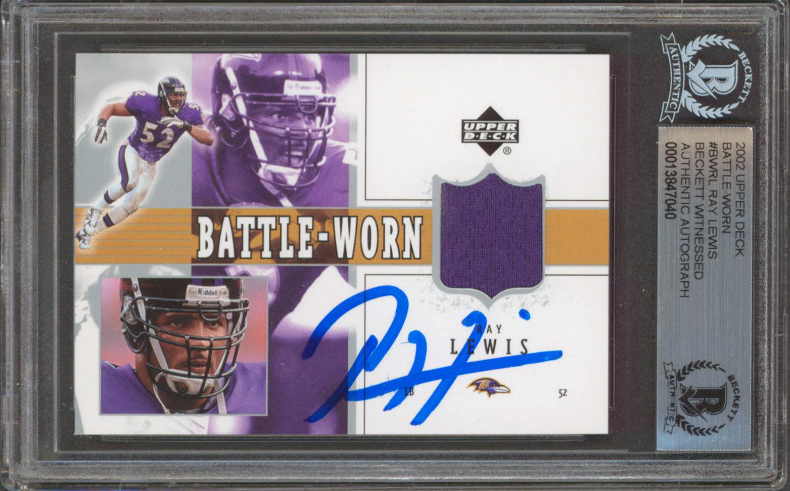 Ravens Ray Lewis Signed 2002 Upper Deck Battle Worn #BWRL Card BAS Slabbed