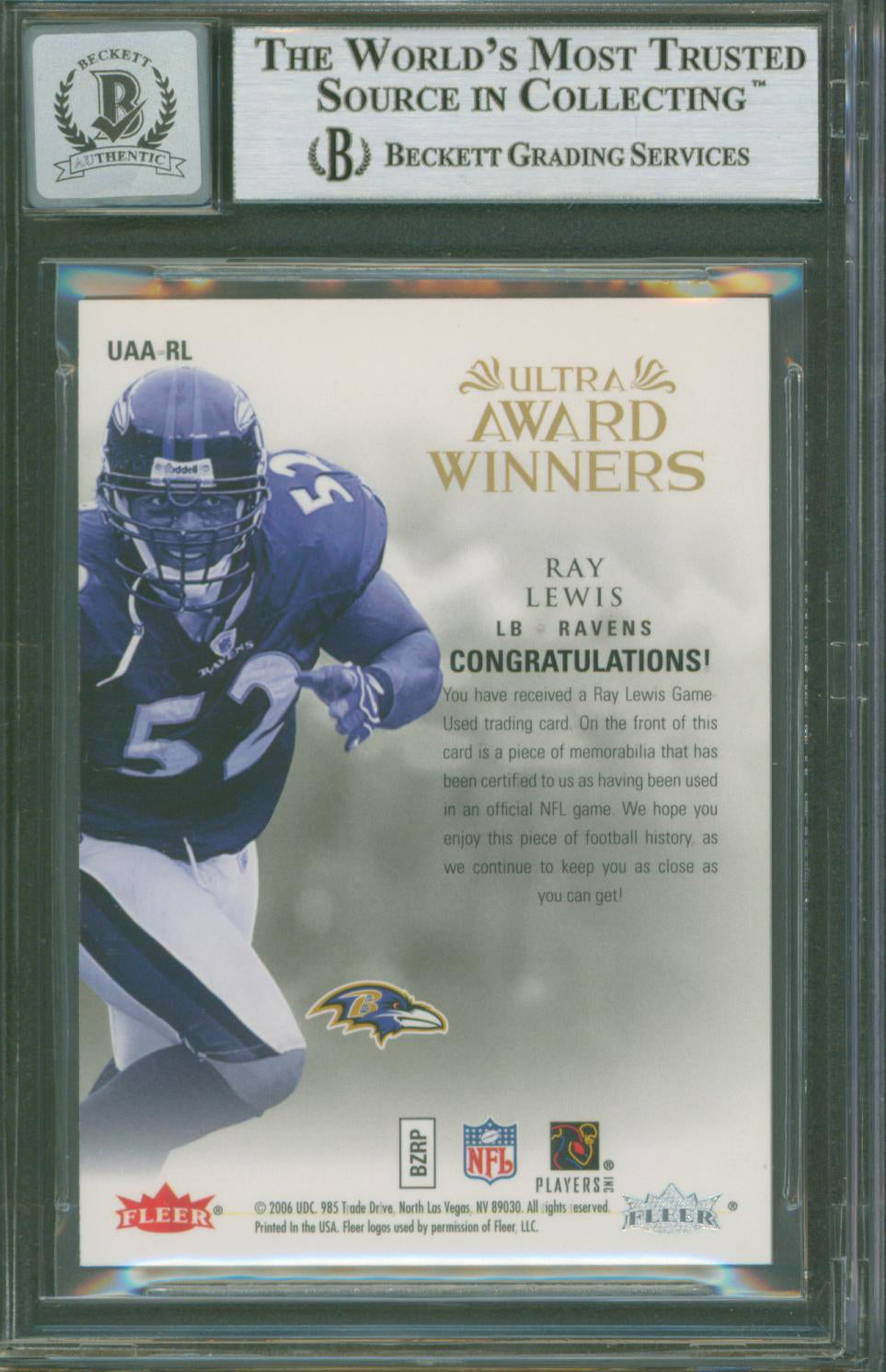 Ravens Ray Lewis Signed 2006 Ultra AW Jerseys #UAARL Card Auto 10 BAS Slabbed 1