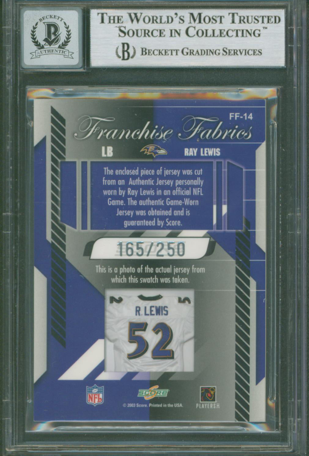 Ravens Ray Lewis Signed 2003 Score Franchise Fabrics #FF14 Card Auto 10 BAS Slab