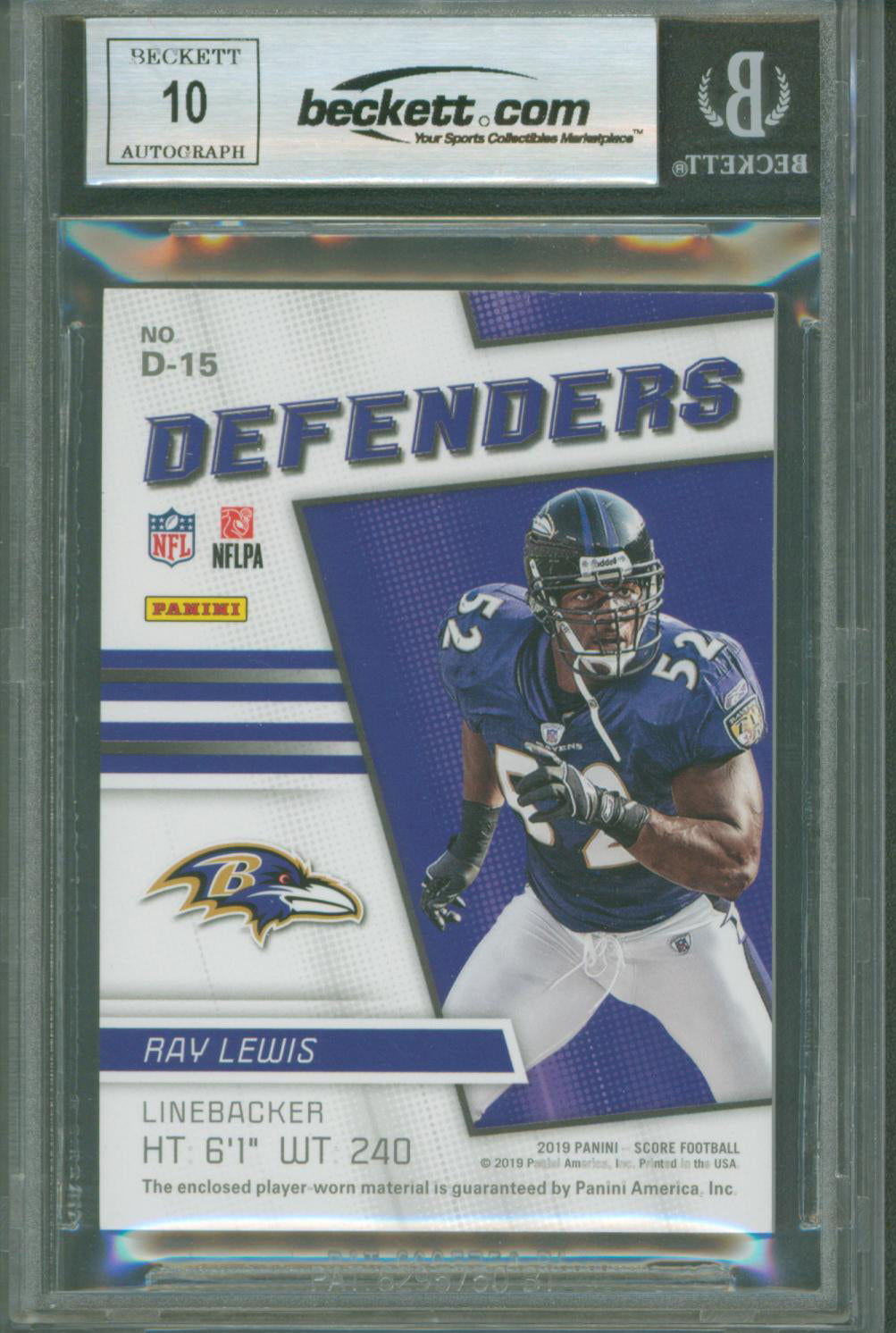 Ravens Ray Lewis Signed 2019 Score Defenders Jerseys #15 Card BAS Slabbed 1