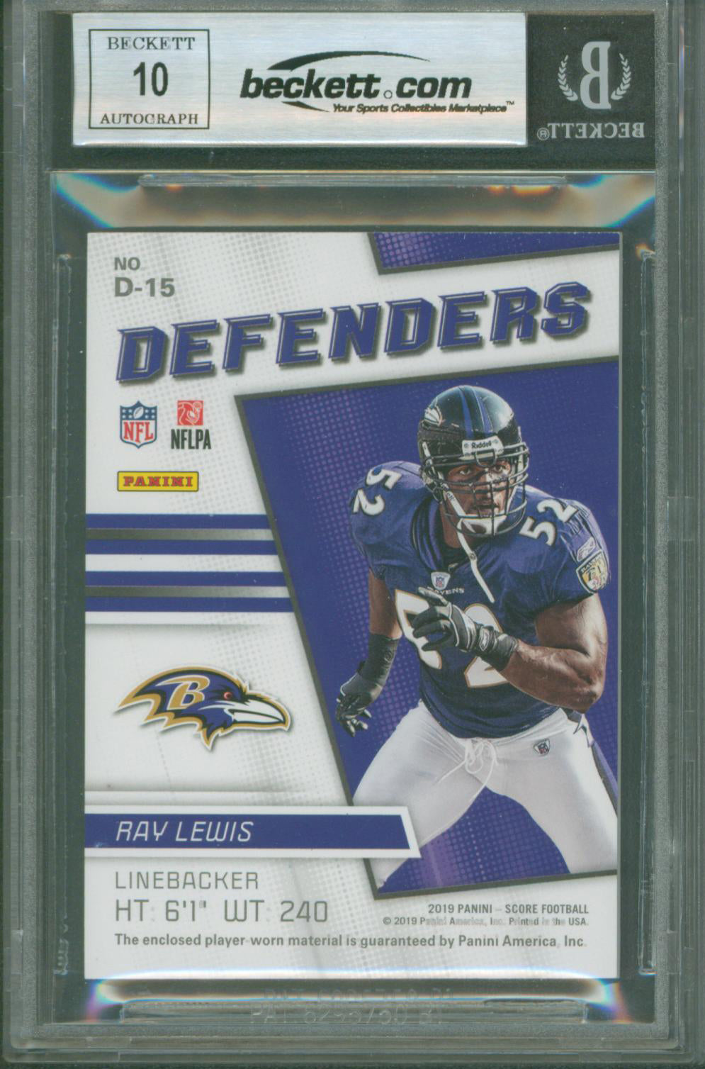 Ravens Ray Lewis Signed 2019 Score Defenders Jerseys #15 Card BAS Slabbed 2