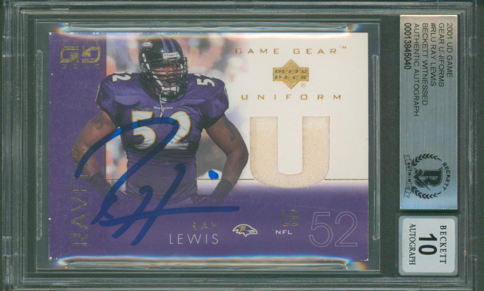 Ravens Ray Lewis Signed 2001 UD Game Gear Uniforms #RLU Card Auto 10! BAS Slab 1