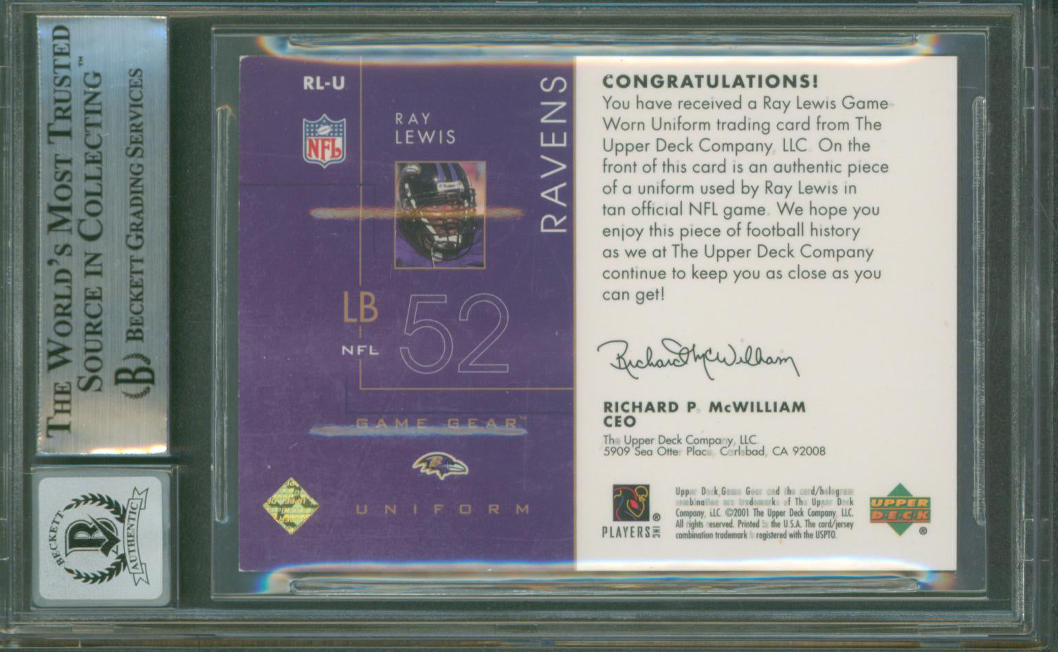 Ravens Ray Lewis Signed 2001 UD Game Gear Uniforms #RLU Card Auto 10! BAS Slab 1