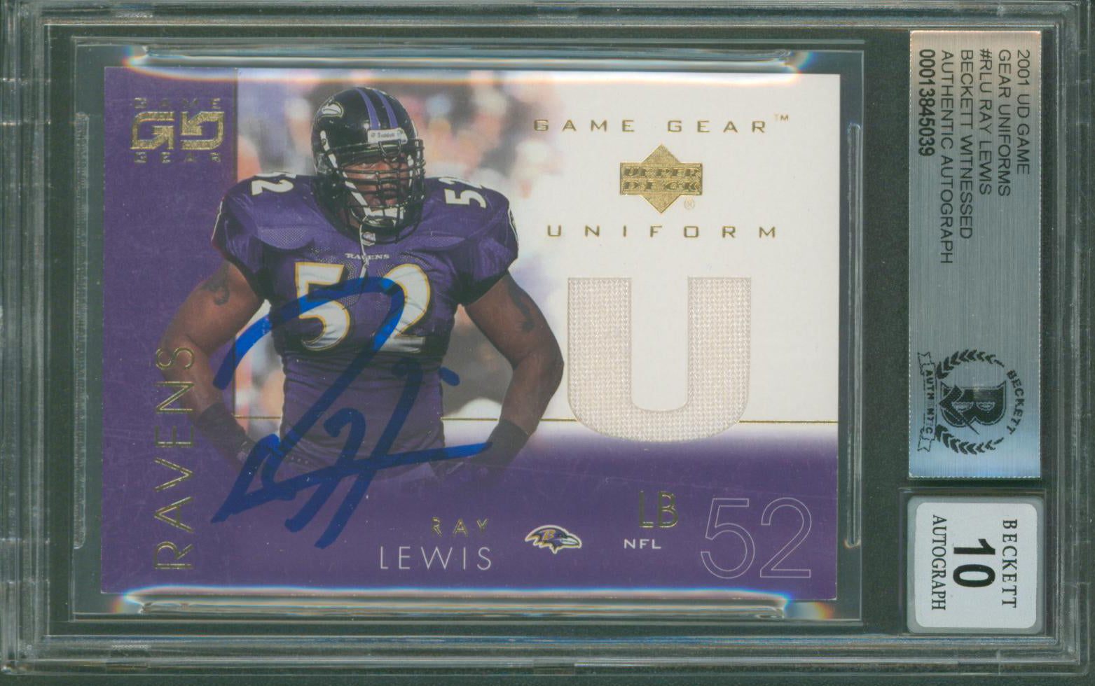 Ravens Ray Lewis Signed 2001 UD Game Gear Uniforms #RLU Card Auto 10! BAS Slab 2