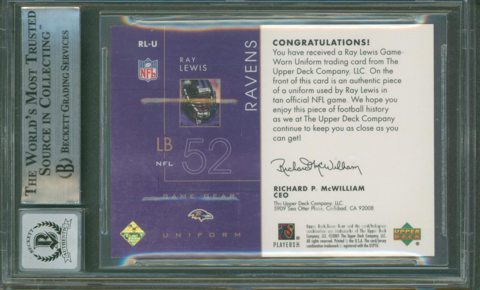 Ravens Ray Lewis Signed 2001 UD Game Gear Uniforms #RLU Card Auto 10! BAS Slab 2