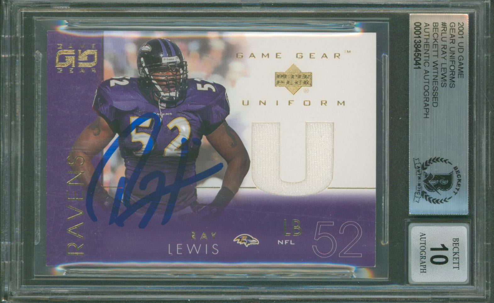 Ravens Ray Lewis Signed 2001 UD Game Gear Uniforms #RLU Card Auto 10! BAS Slab 3