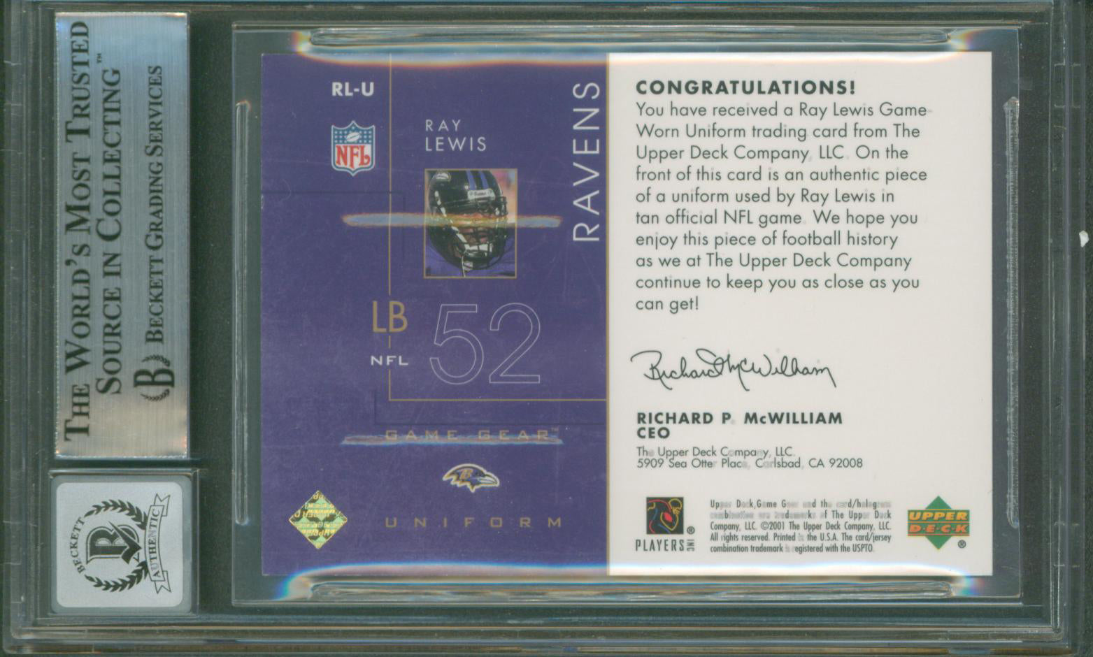 Ravens Ray Lewis Signed 2001 UD Game Gear Uniforms #RLU Card Auto 10! BAS Slab 3