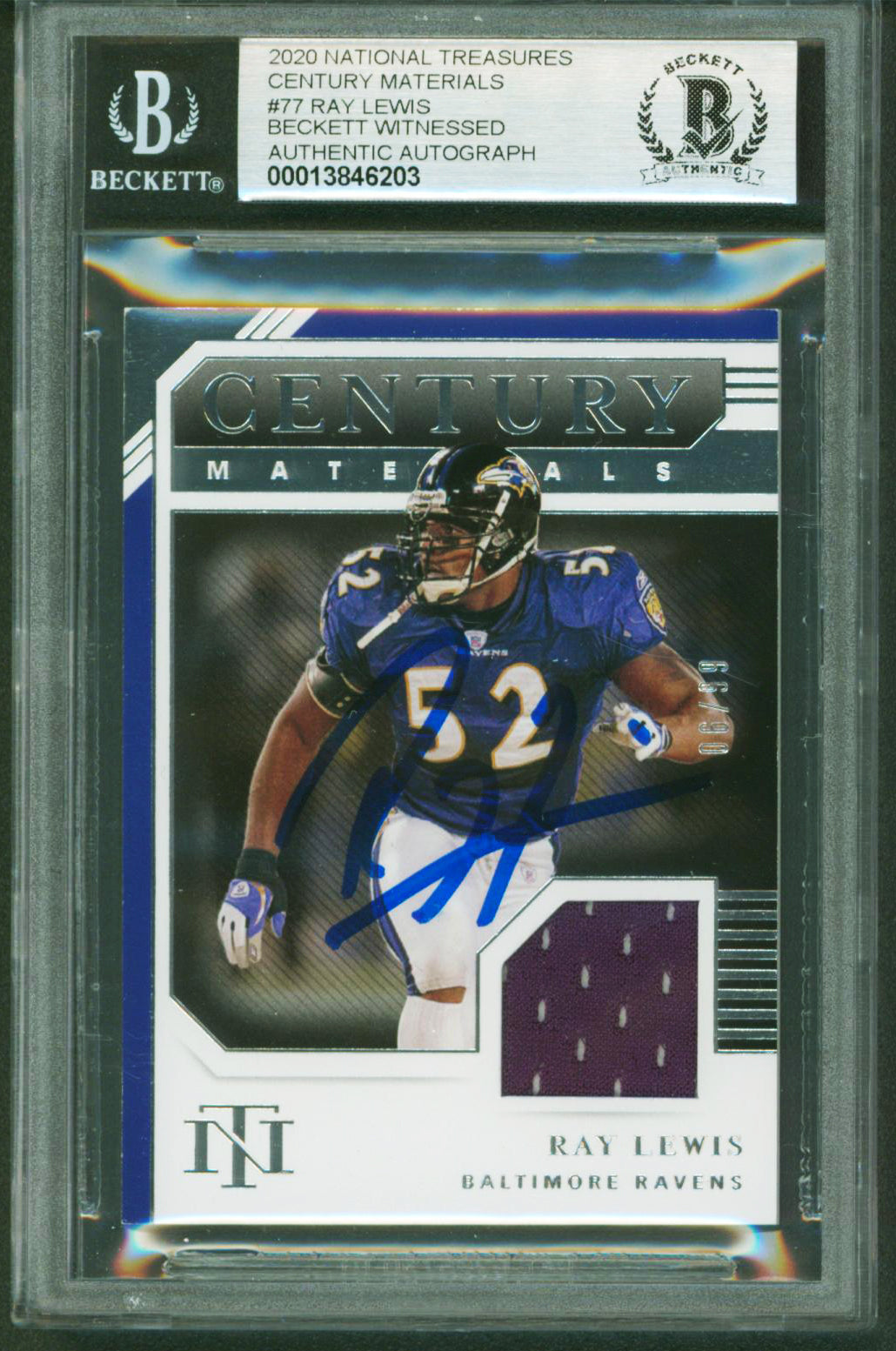 Ray Lewis Signed 2020 National Treasures Century #77 06/99 Card Auto 10 BAS Slab