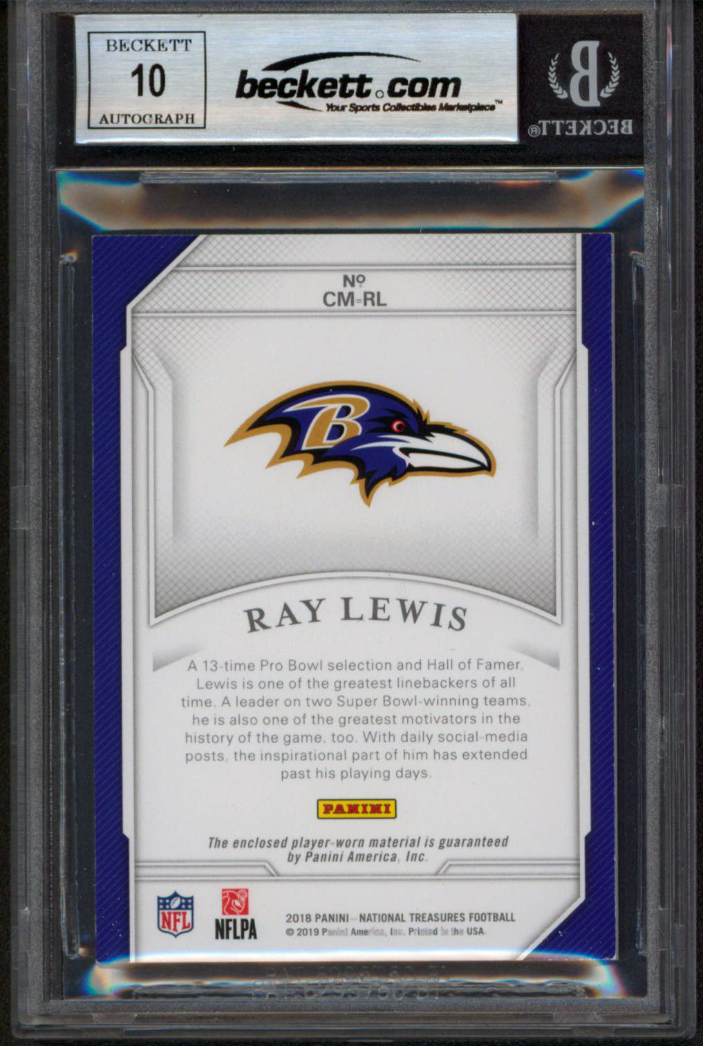 Ray Lewis Signed 2018 National  Treasures Century Mat #9 Card Auto 10! BAS Slab