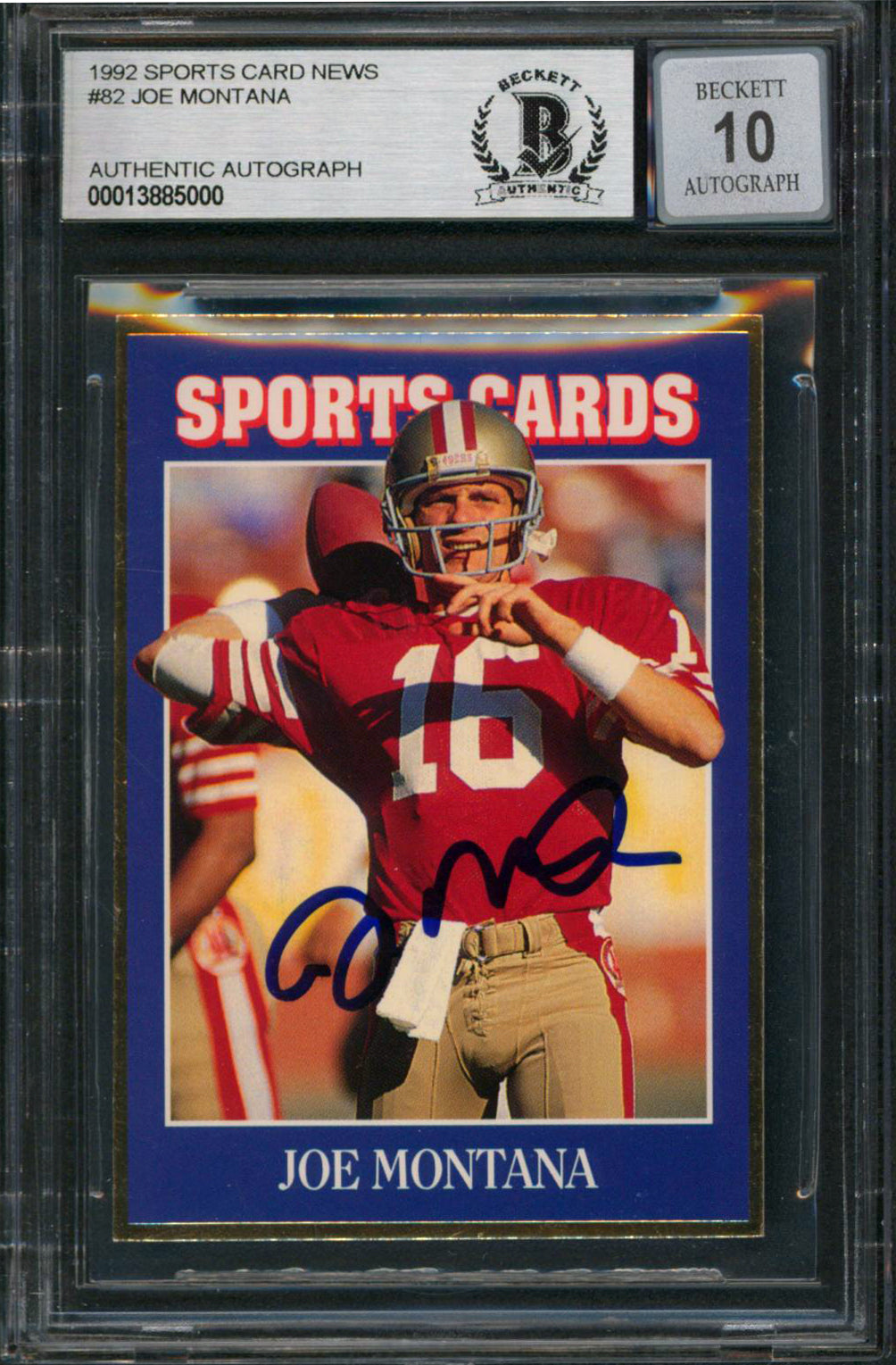 49ers Joe Montana Signed 1992 Sports Card News #82 Card Auto 10! BAS Slabbed