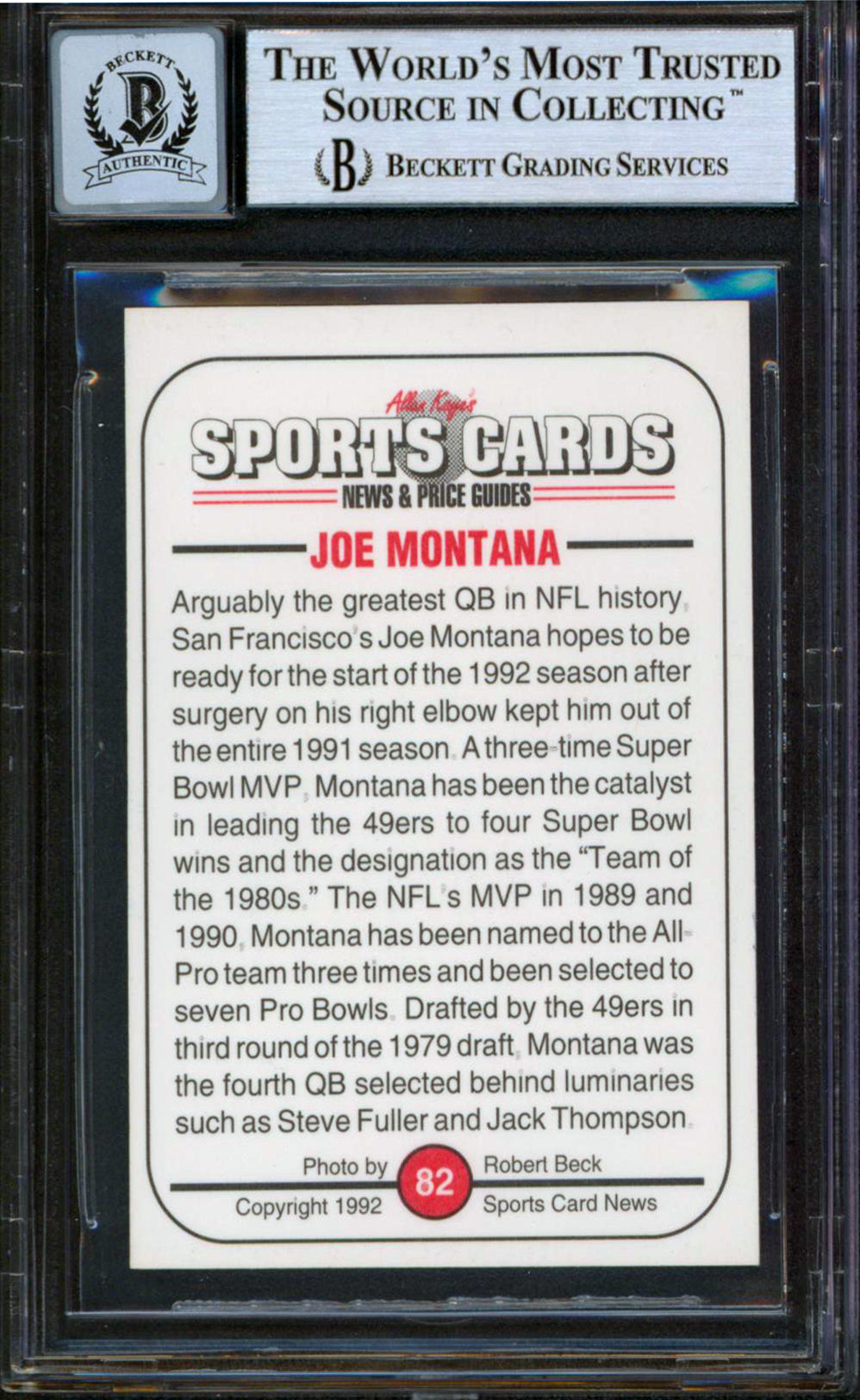 49ers Joe Montana Signed 1992 Sports Card News #82 Card Auto 10! BAS Slabbed