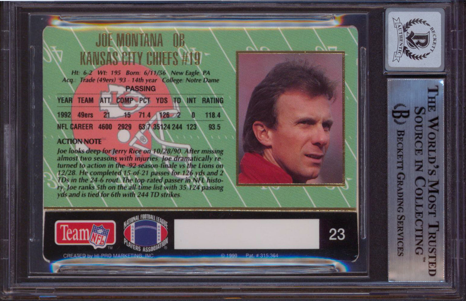 Chiefs Joe Montana Signed 1993 Action Packed #23 Card Auto 10! BAS Slabbed