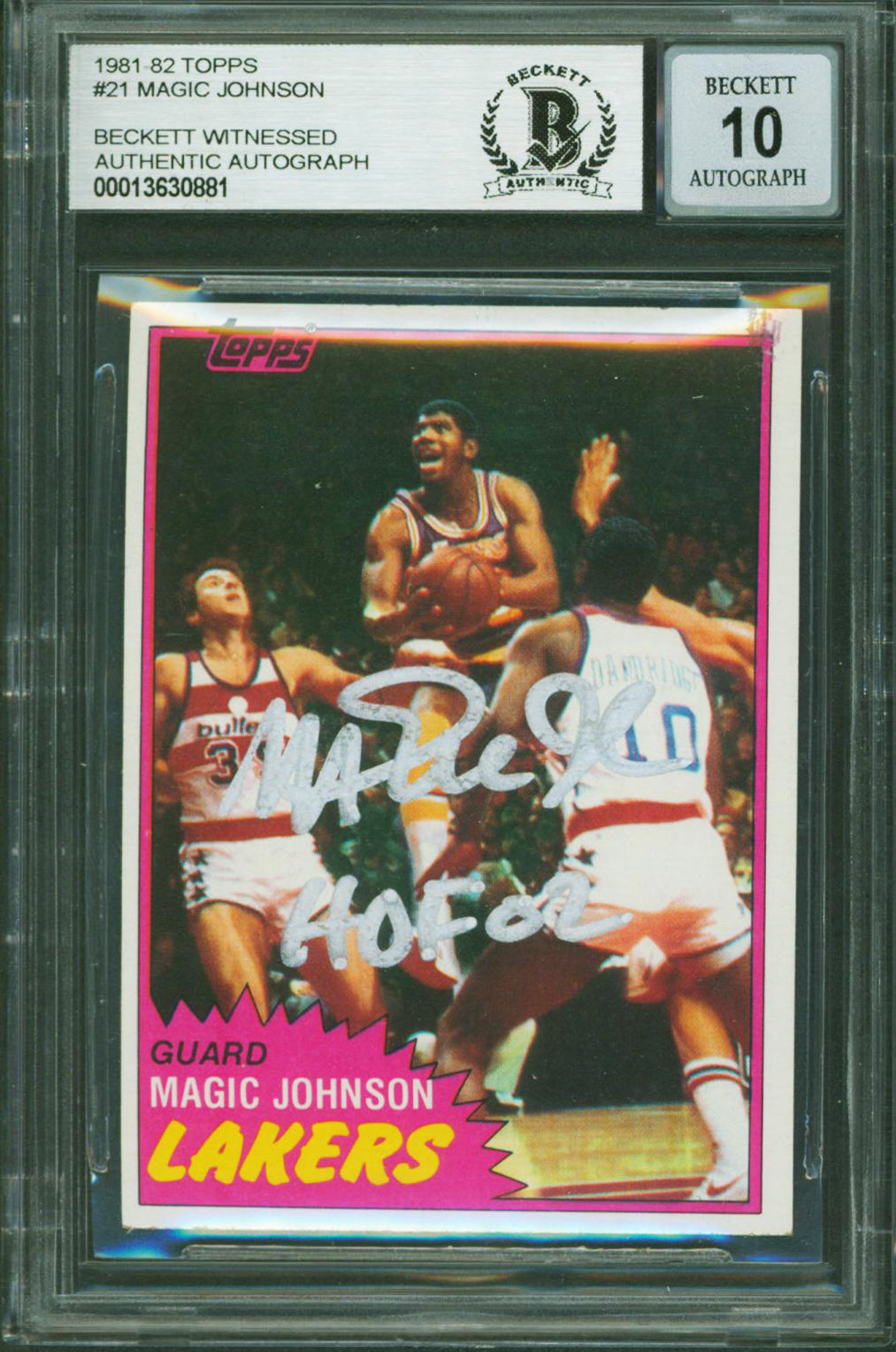 Magic Johnson "HOF 02" Signed 1981 Topps #21 Card Auto 10! BAS Slab #13630881
