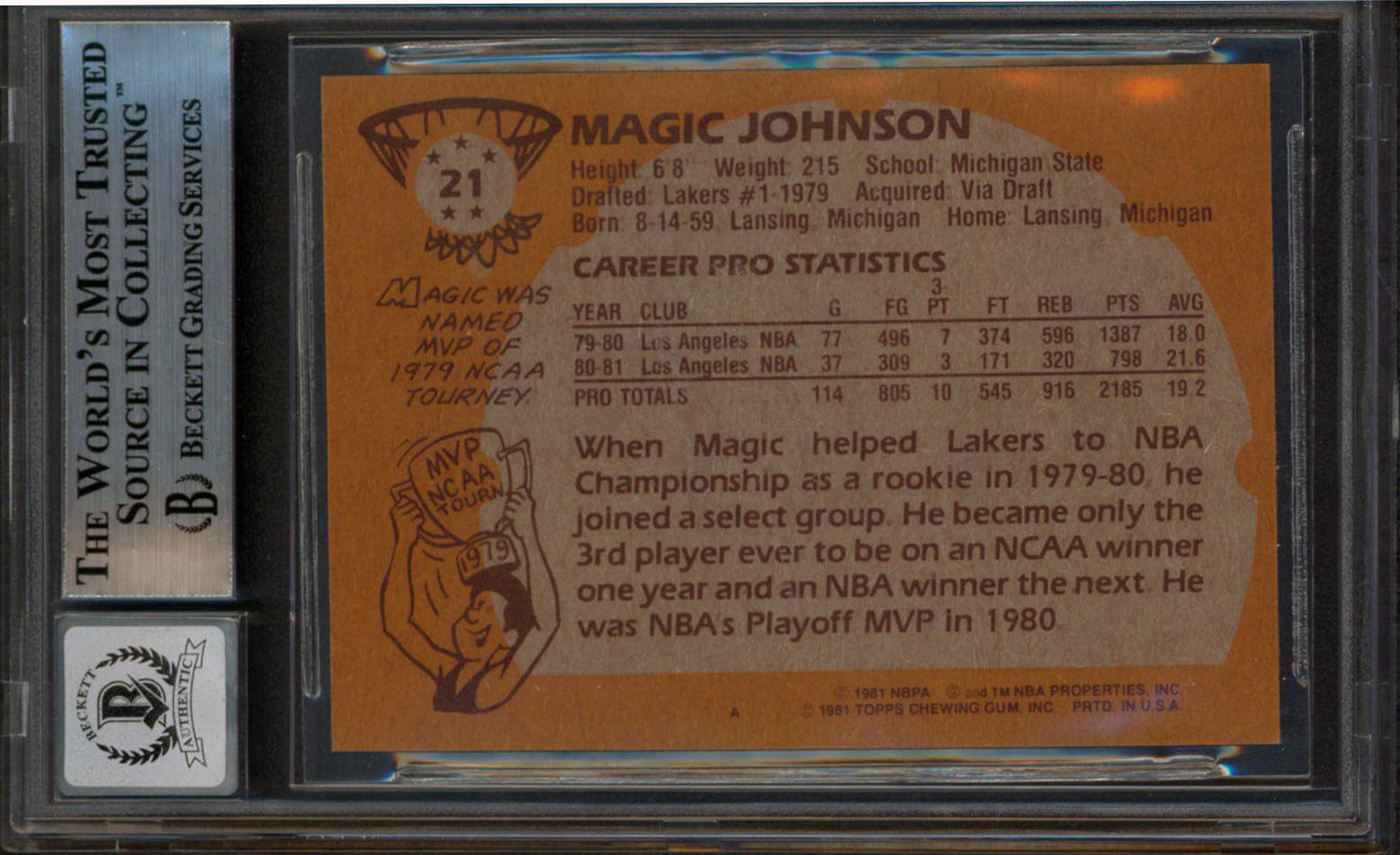 Lakers Magic Johnson Signed 1981 Topps #21 Card Auto 10! BAS Slabbed #13630868