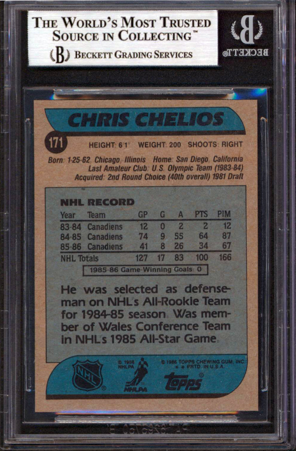 Canadiens Chris Chelios Authentic Signed 1986 Topps #171 Card BAS Slabbed