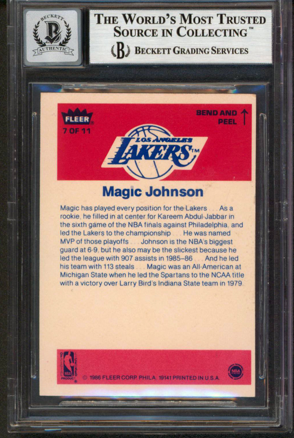Lakers Magic Johnson Signed 1986 Fleer Stickers #7 Card Auto 10! BAS Slabbed