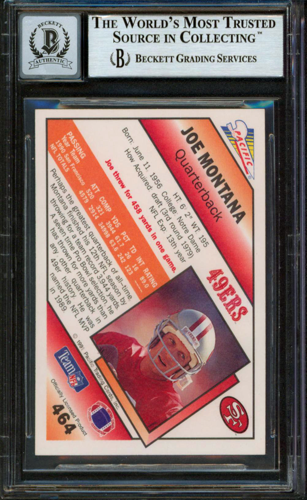 49ers Joe Montana Authentic Signed 1991 Pacific #464 Card Auto 10! BAS Slabbed