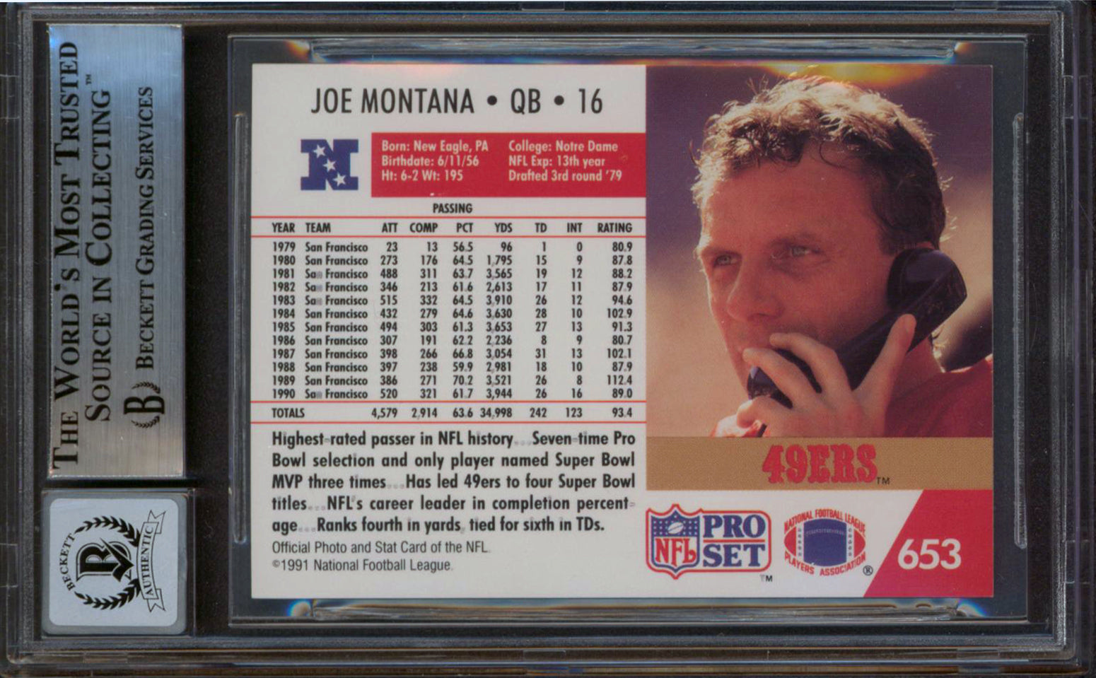 49ers Joe Montana Authentic Signed 1991 Pro Set #653 Card Auto 10! BAS Slabbed