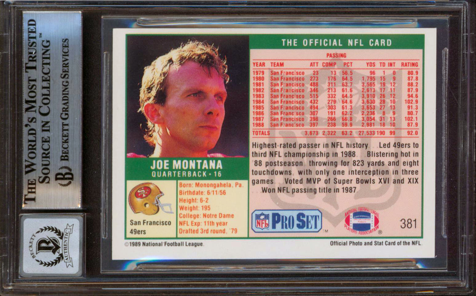49ers Joe Montana Authentic Signed 1989 Pro Set #381 Card Auto 10! BAS Slabbed
