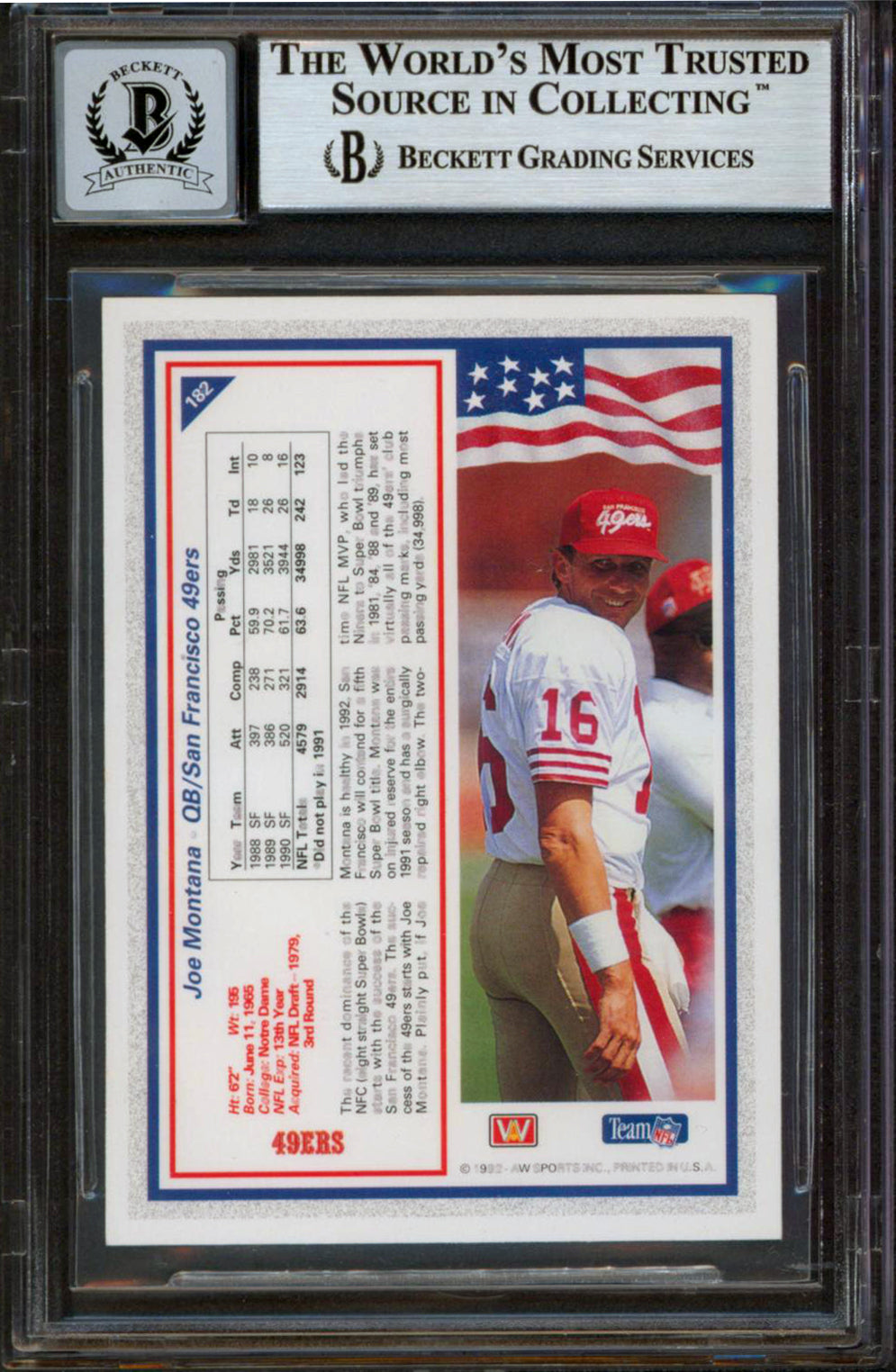 49ers Joe Montana Authentic Signed 1992 All World #182 Card Auto 10! BAS Slabbed