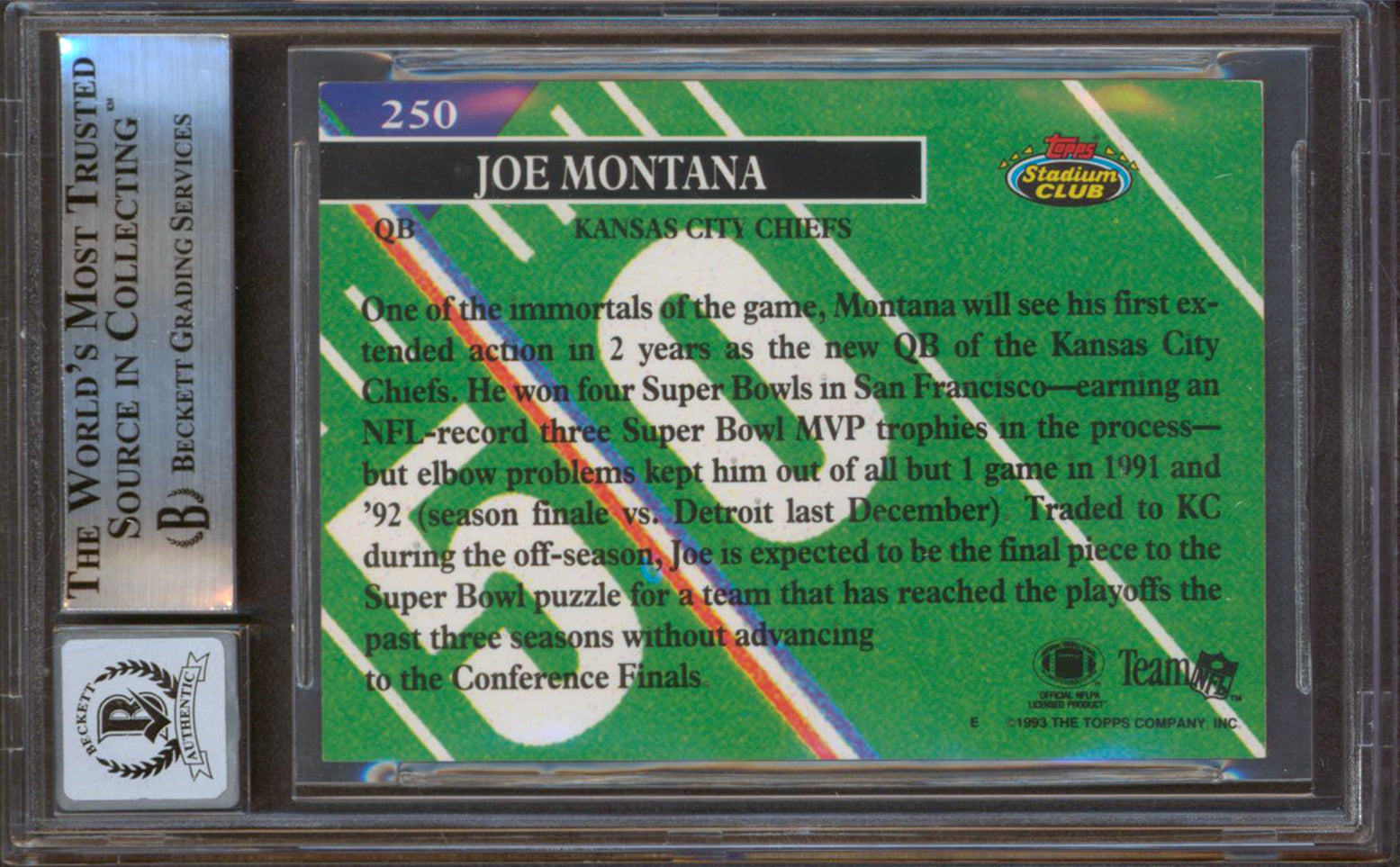 Chiefs Joe Montana Signed 1993 Stadium Club #250 Card Auto 10! BAS Slabbed