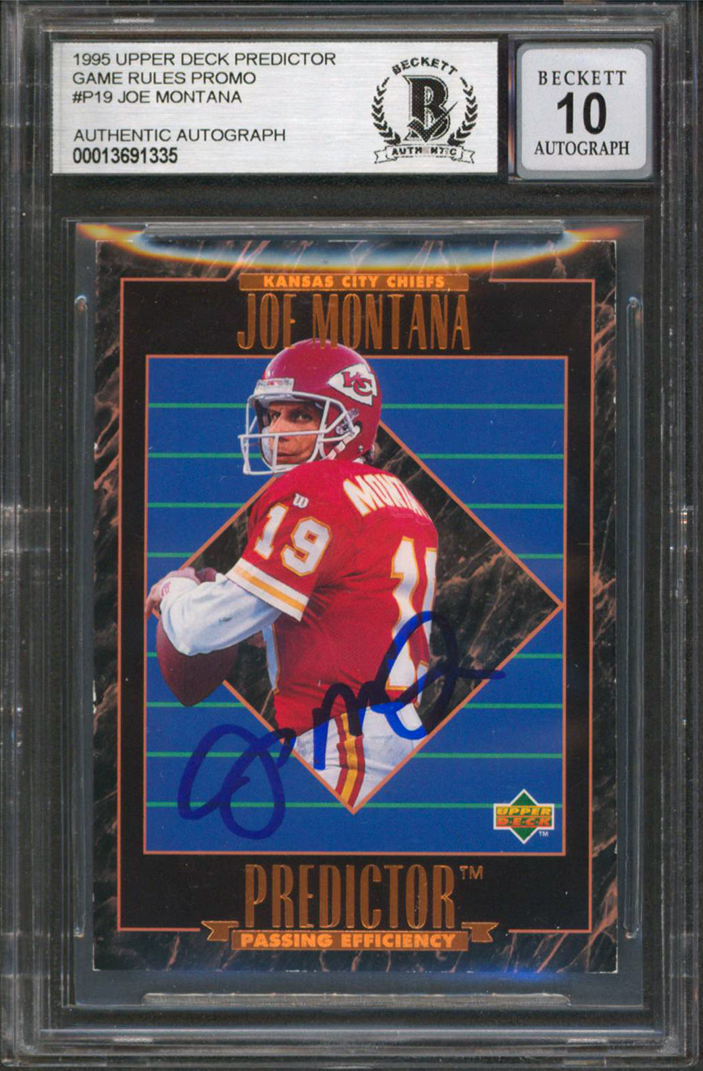 Chiefs Joe Montana Signed 1995 Upper Deck Predictor #P19 Card Auto 10! BAS Slab