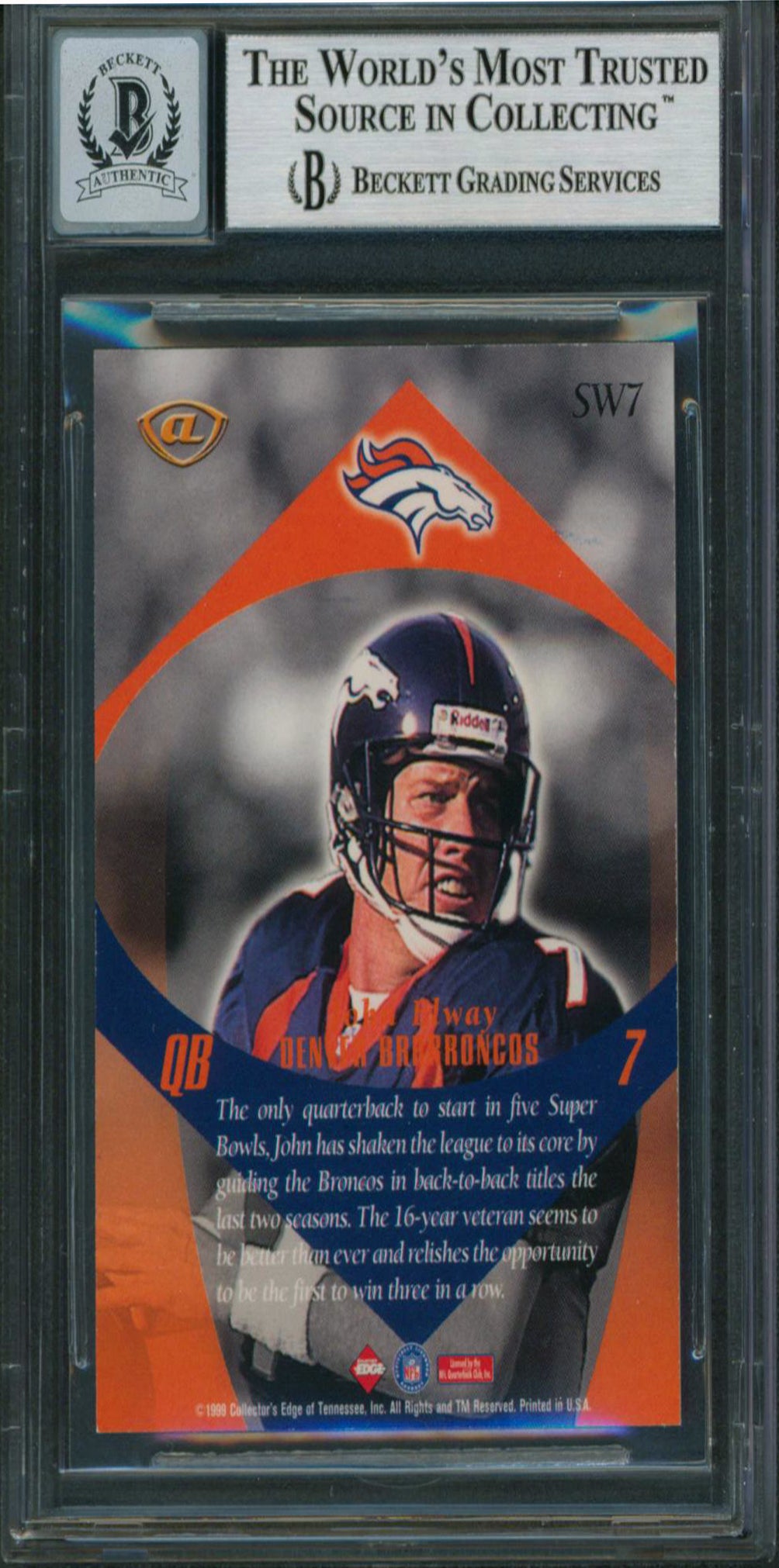 Broncos John Elway Signed 1999 CE Adv Shockwaves #SW7 Card Auto 10! BAS Slabbed