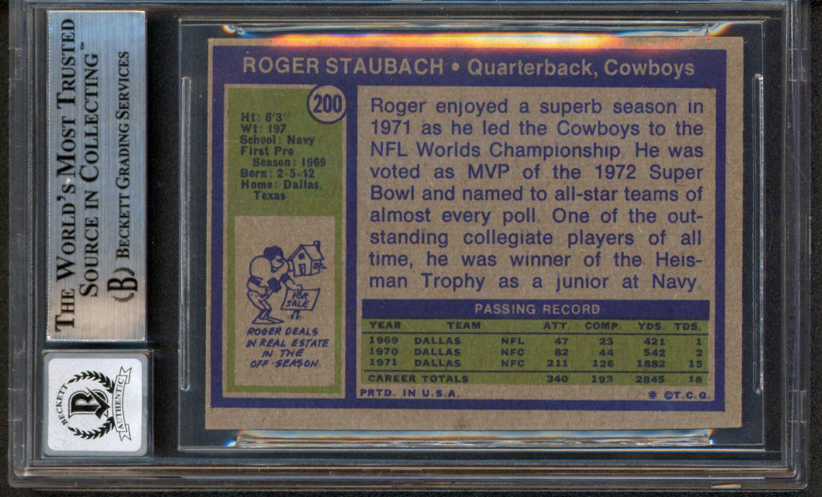 Cowboys Roger Staubach 2x Insc Signed 1972 Topps #200 Card Auto 10! BAS Slab 6