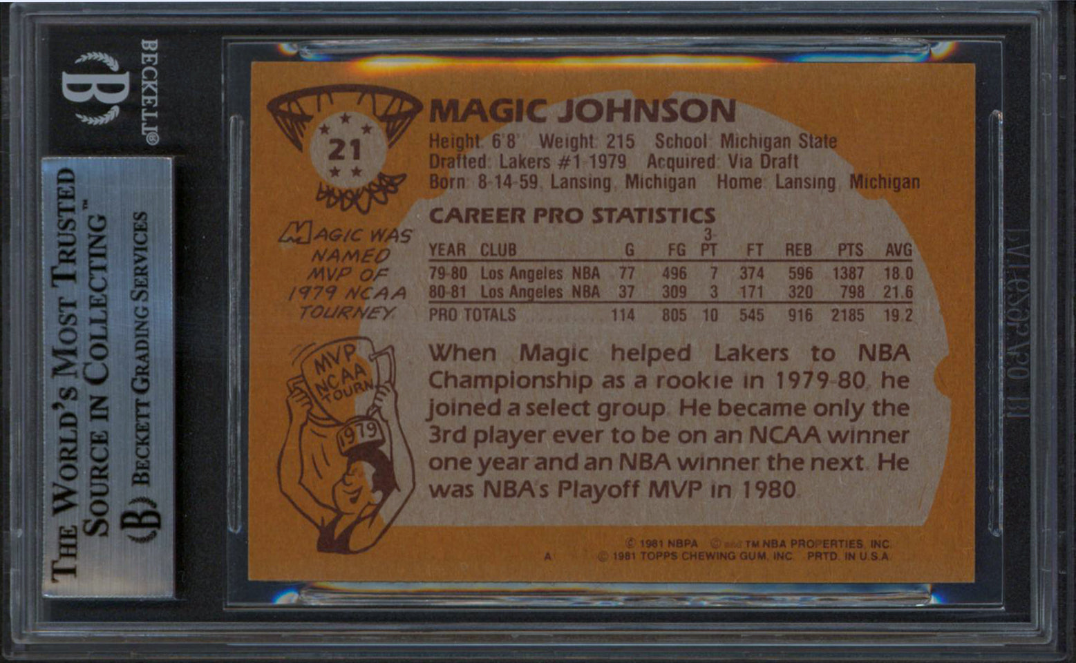 Lakers Magic Johnson Signed 1981 Topps #21 Card Autographed BAS Slabbed